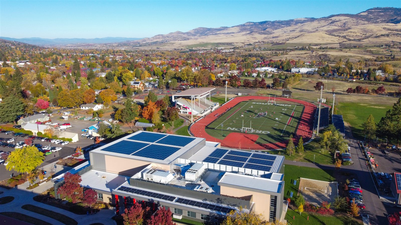 Commercial rooftop PV arrays on the SOU Lithia Pavilion, Ashland, OR